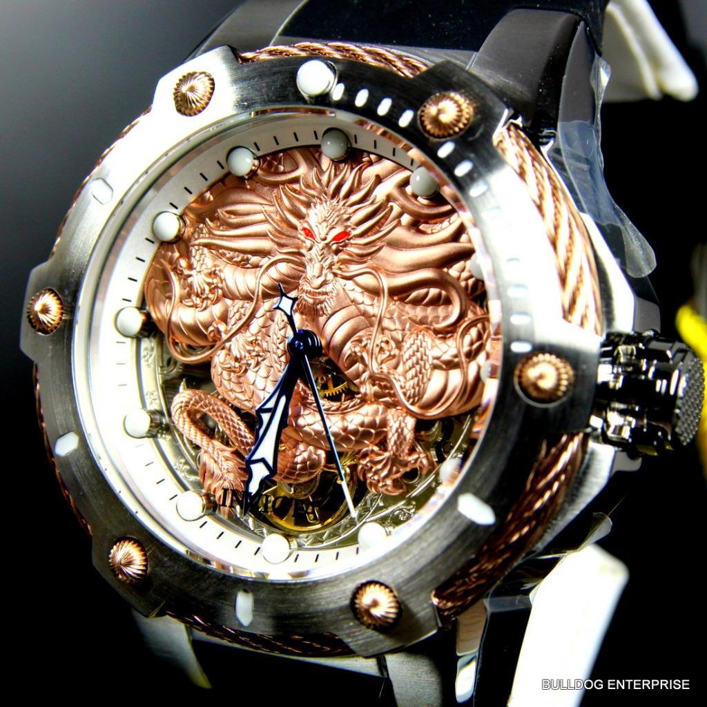 Men's Invicta Bolt Dragon Rose Gold Tone Mechanical Silicone 52mm Watch New