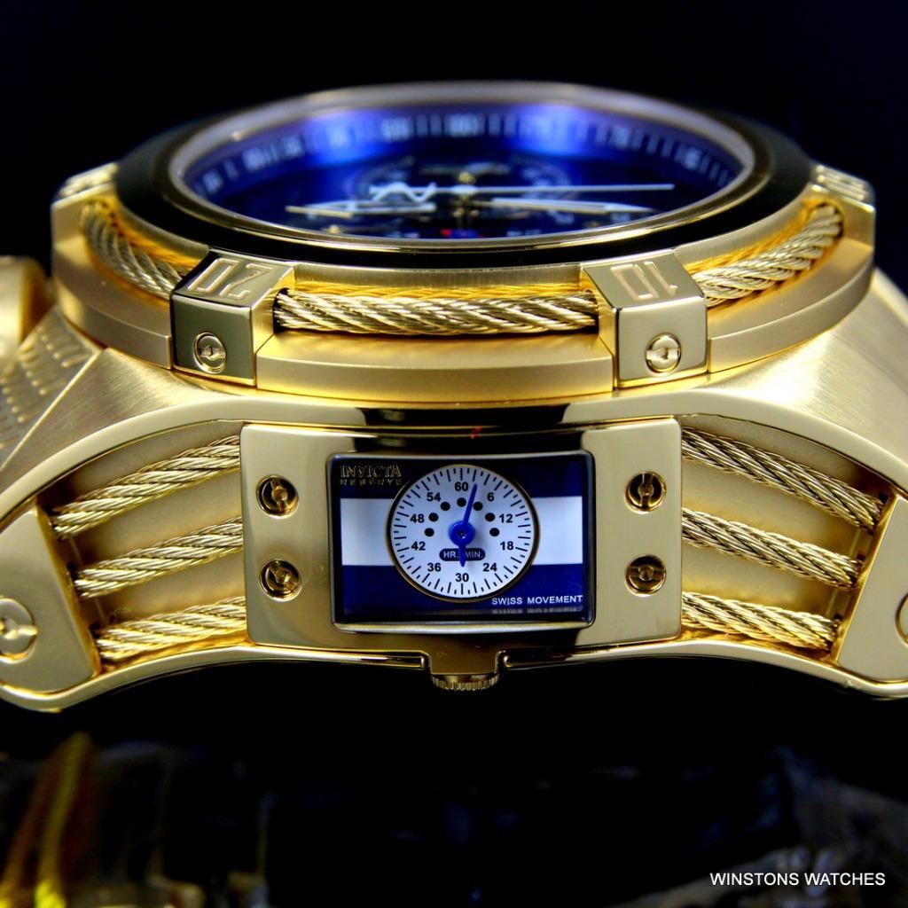 Invicta Bolt Zeus Tria Gold Plated Steel Blue 3 Swiss Mvt Dials 52mm Watch New