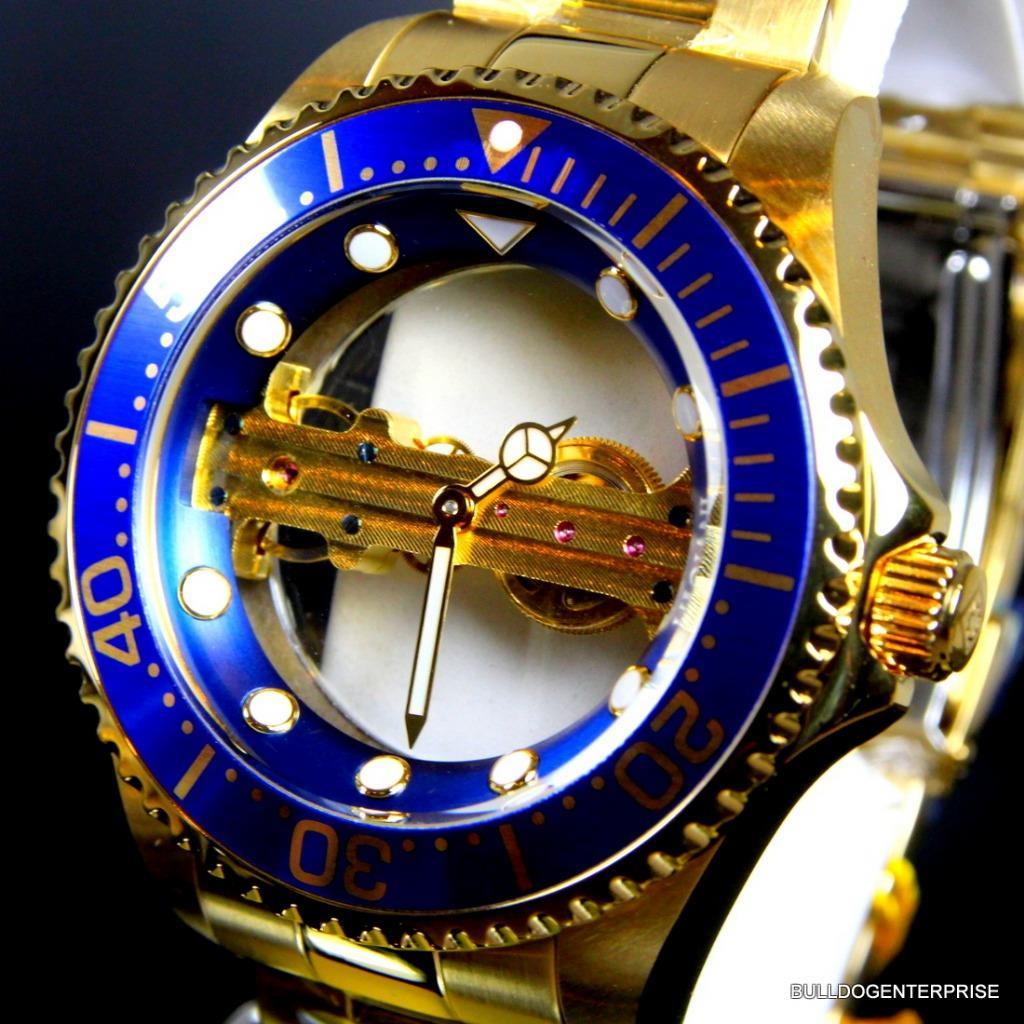 Invicta Pro Diver Ghost Bridge Mechanical Gold Plated Skeleton Blue Watch New