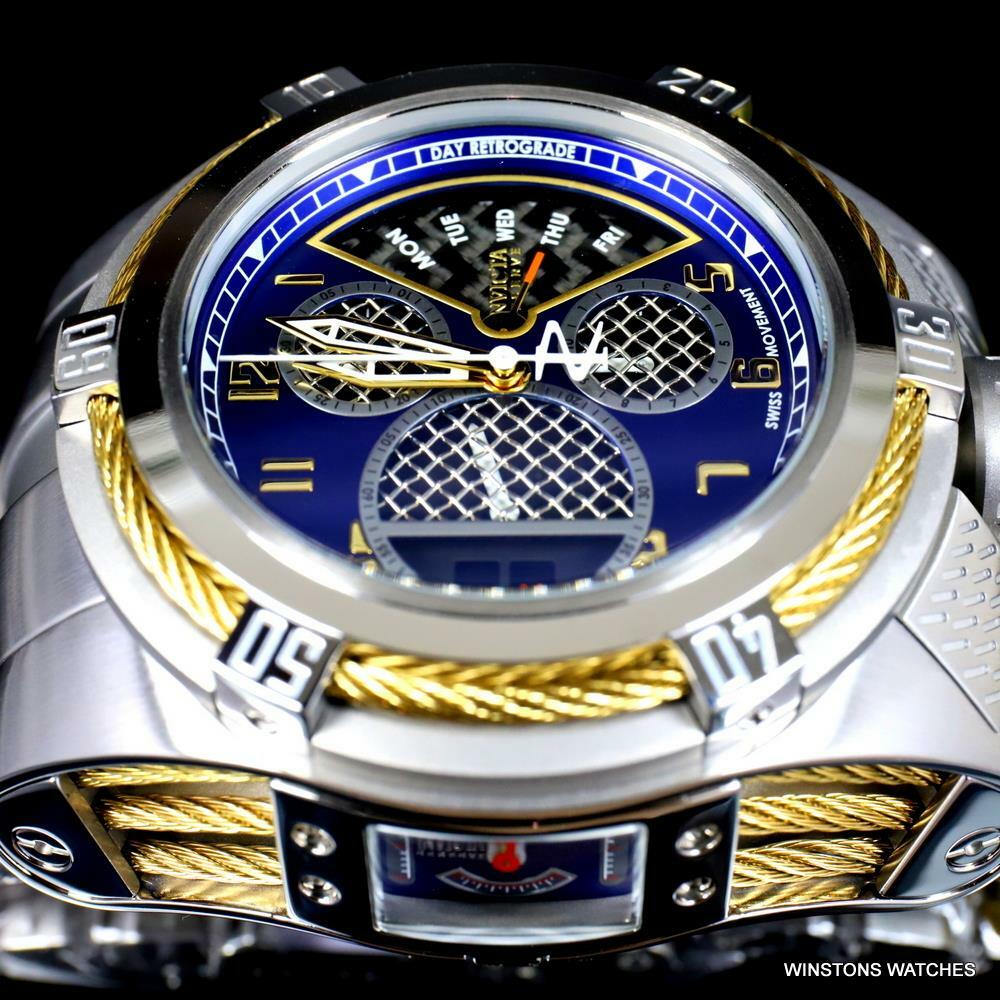 Invicta Bolt Zeus Tria Twisted Metal Steel 3 Swiss Dials Blue 52mm Watch New