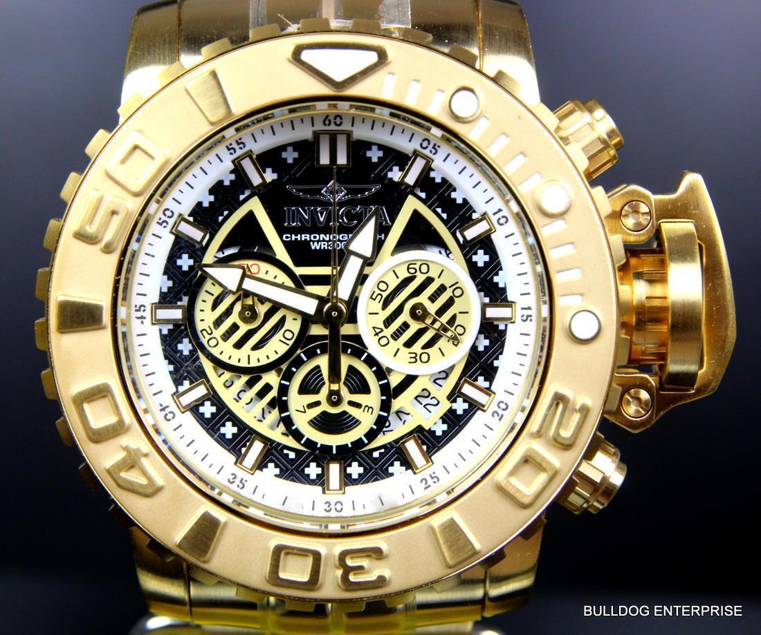 Invicta Sea Hunter III Black 70mm Swiss Mvt Chrono 18kt Gold Plated Watch New