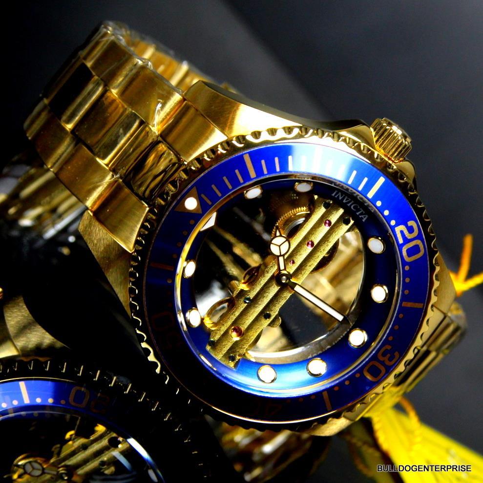 Invicta Pro Diver Ghost Bridge Mechanical Gold Plated Skeleton Blue Watch New