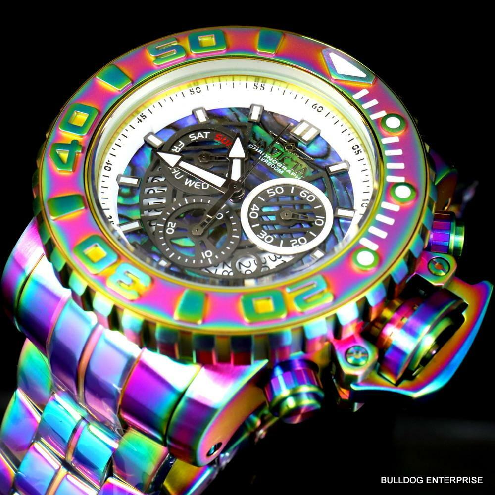 Invicta Sea Hunter Abalone Iridescent Steel 58mm Swiss Chronograph Watch New