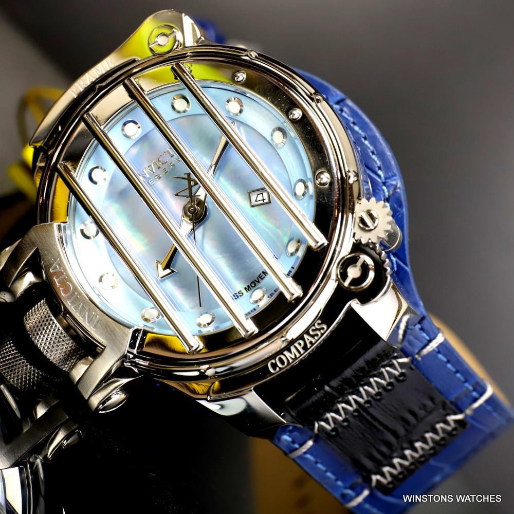 Invicta Russian Diver Compass Platinum MOP Blue Leather 52mm Swiss Mvt Watch New