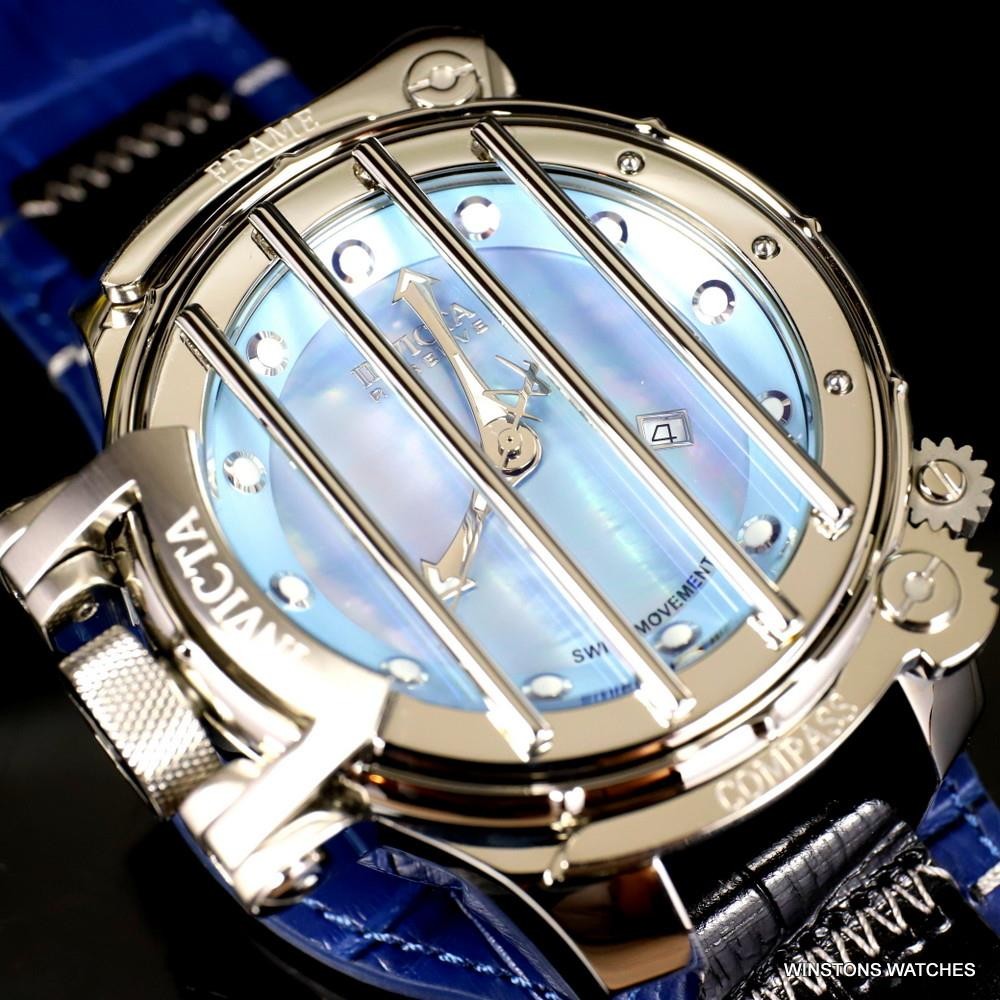 Invicta Russian Diver Compass Platinum MOP Blue Leather 52mm Swiss Mvt Watch New