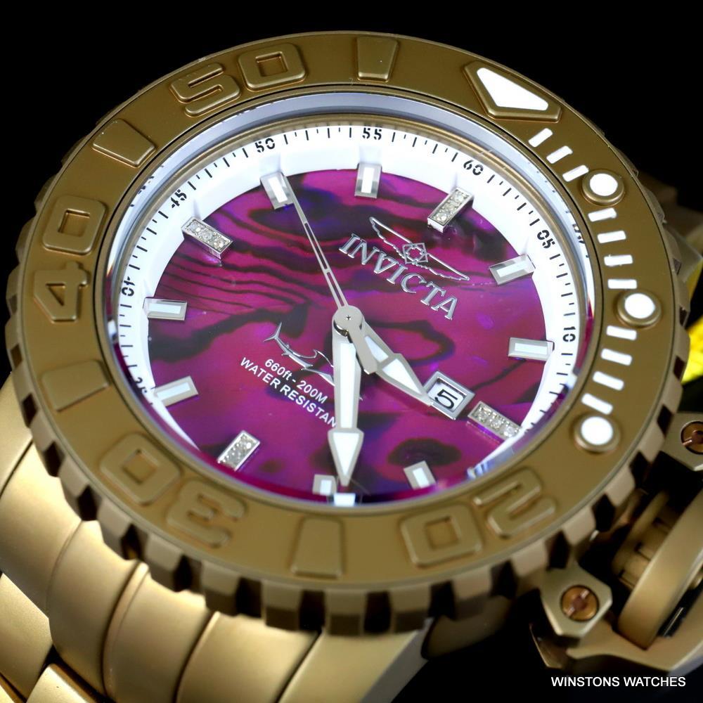Invicta Sea Hunter Purple Abalone Khaki Steel Automatic Diamond 58mm Watch New