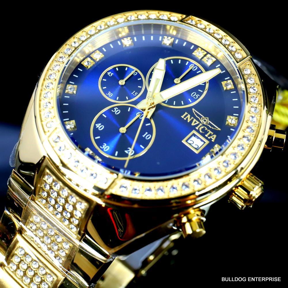 Invicta Specialty Crystal Accented Gold Plated Steel Blue 45mm Chrono Watch New