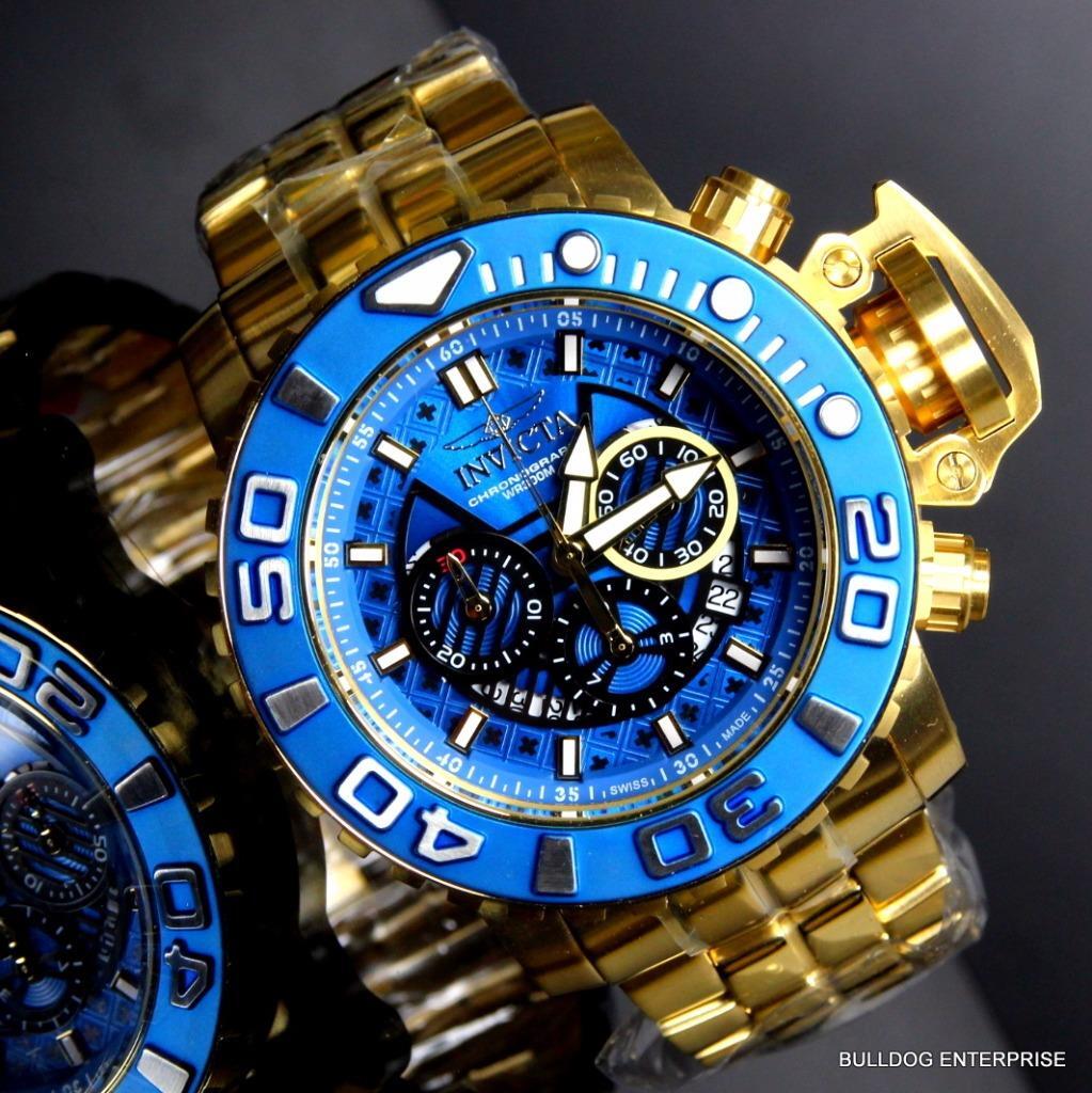 Invicta Sea Hunter III Blue 70mm Swiss Movement Chrono Gold Plated Watch New