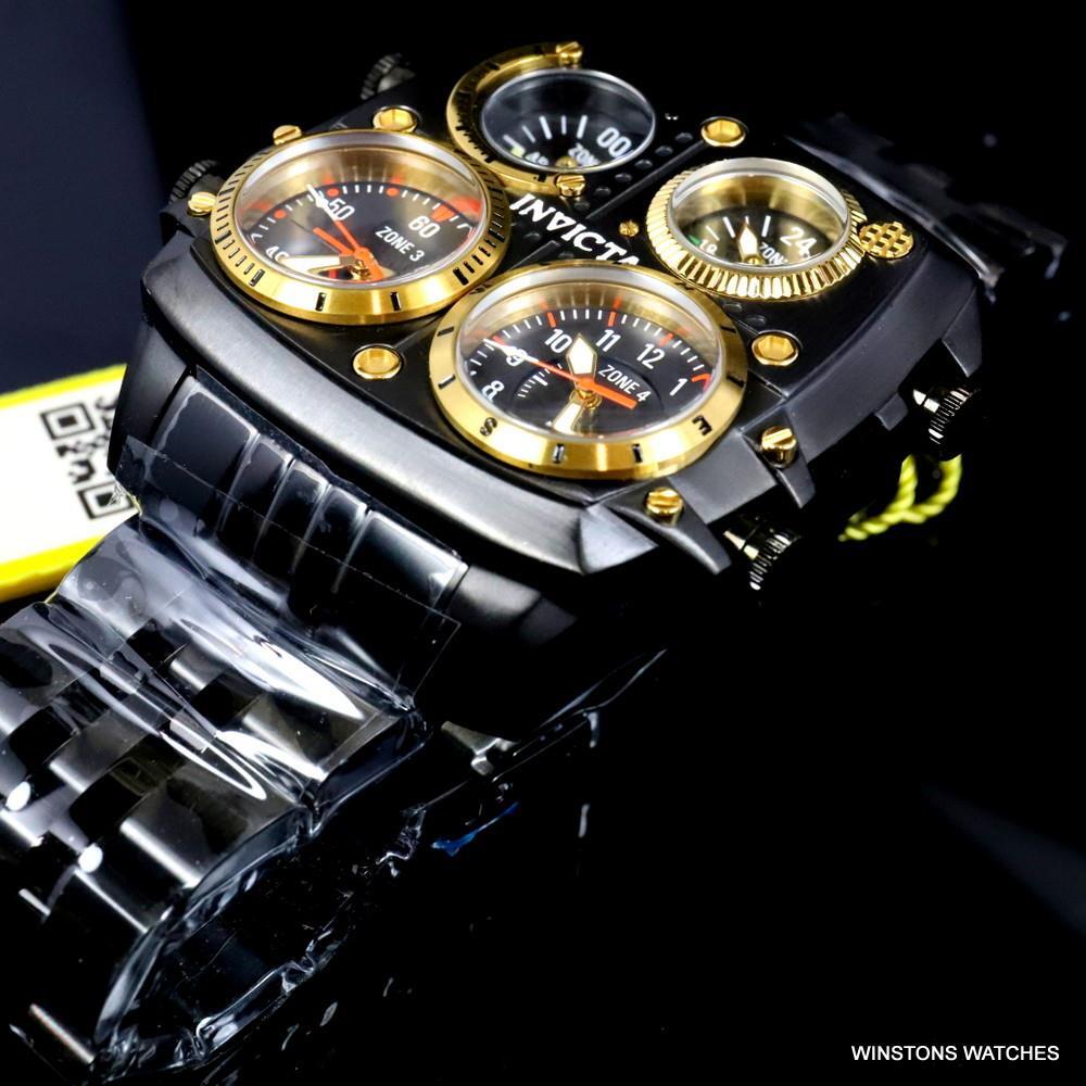 Invicta Aviator Zulu Black Stainless Steel Bracelet Quad Time 50mm Watch New