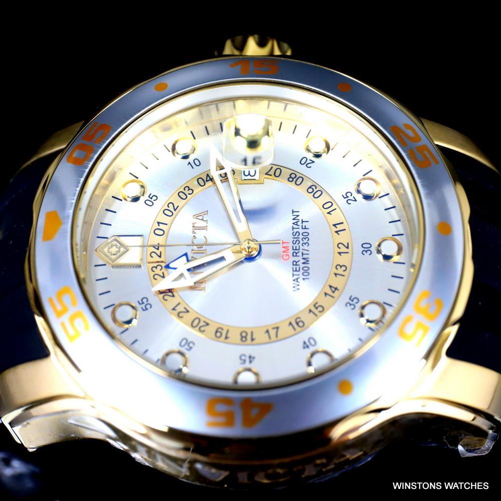 Invicta Pro Diver Scuba GMT Silver Tone Dial 18kt Gold Plated 49mm Watch New
