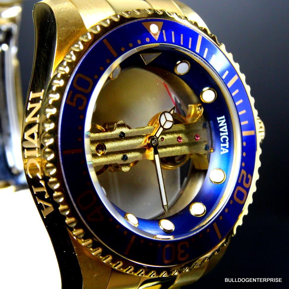 Invicta Pro Diver Ghost Bridge Mechanical Gold Plated Skeleton Blue Watch New