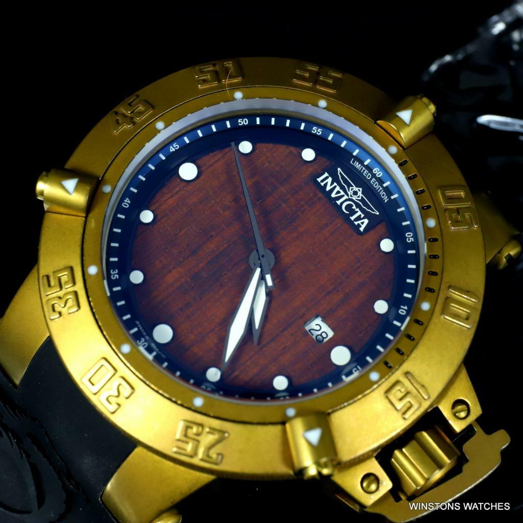 Invicta Subaqua Noma III Swiss Made Wood 50mm Distressed Gold Plated Watch New