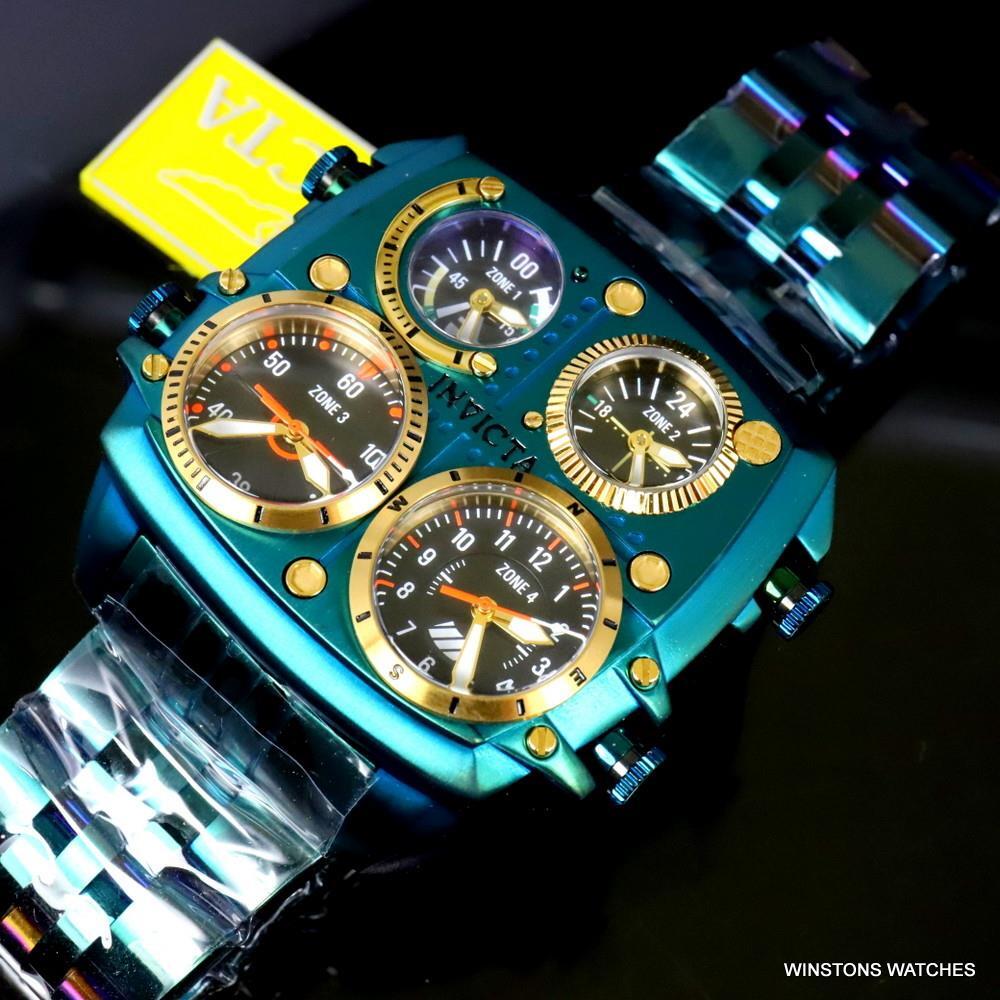 Invicta Aviator Zulu Green Stainless Steel Bracelet Quad Time 50mm Watch New