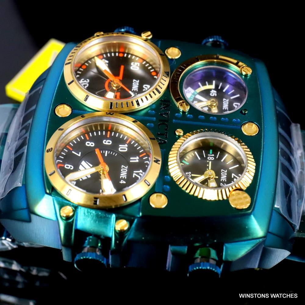 Invicta Aviator Zulu Green Stainless Steel Bracelet Quad Time 50mm Watch New
