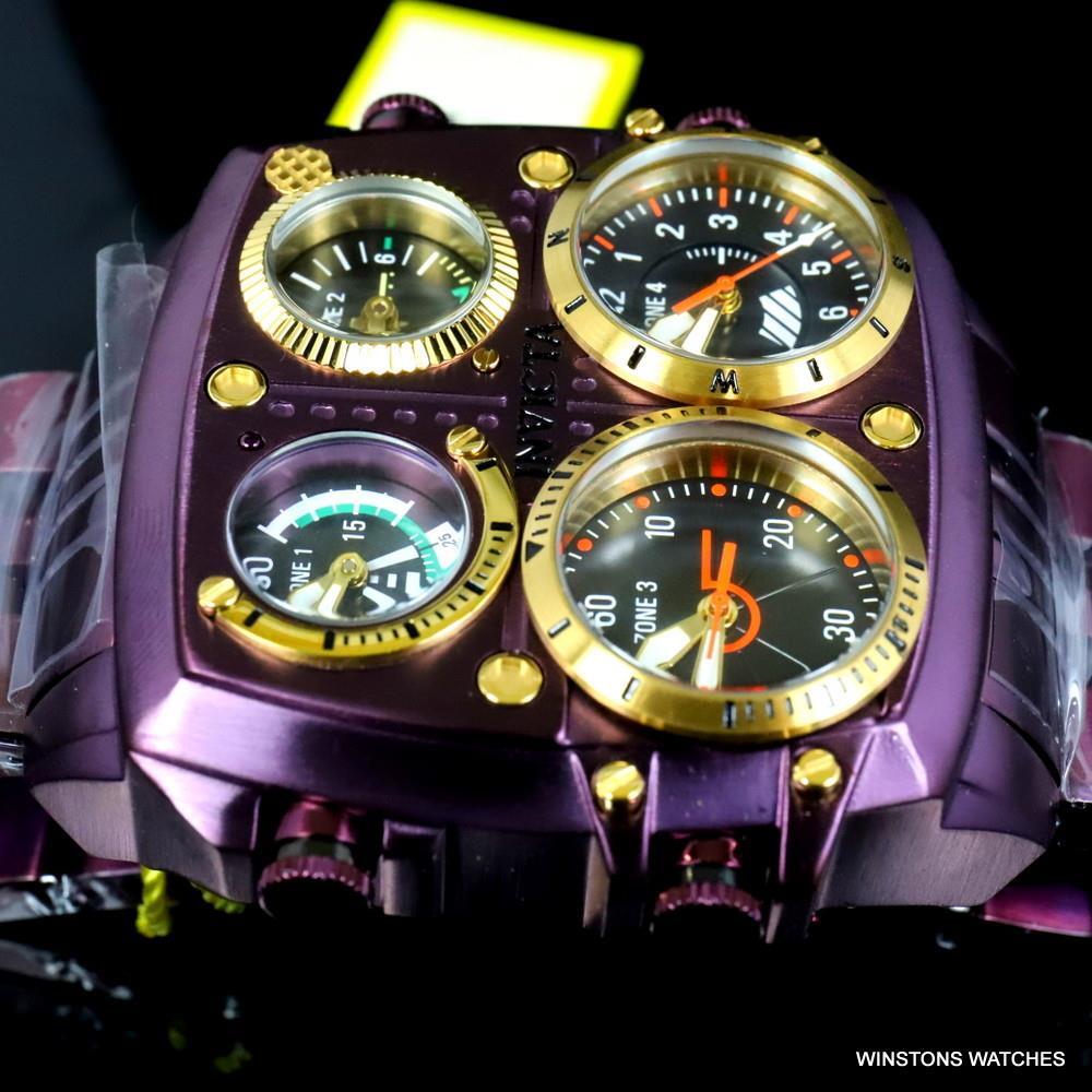Invicta Aviator Zulu Purple Stainless Steel Bracelet Quad Time 50mm Watch New