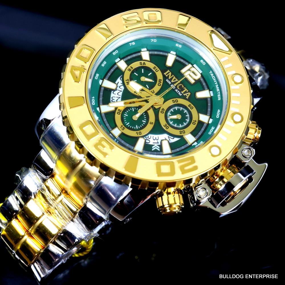 Men's Invicta Sea Hunter Gen II Green 2 Tone Gold Plated 70mm Swiss Watch New