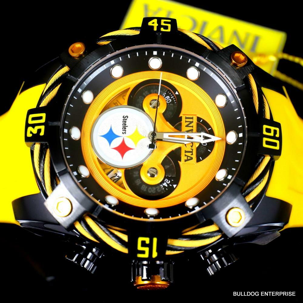 Invicta NFL Pittsburgh Steelers Bolt Yellow Chronograph Silicone Watch 52mm New