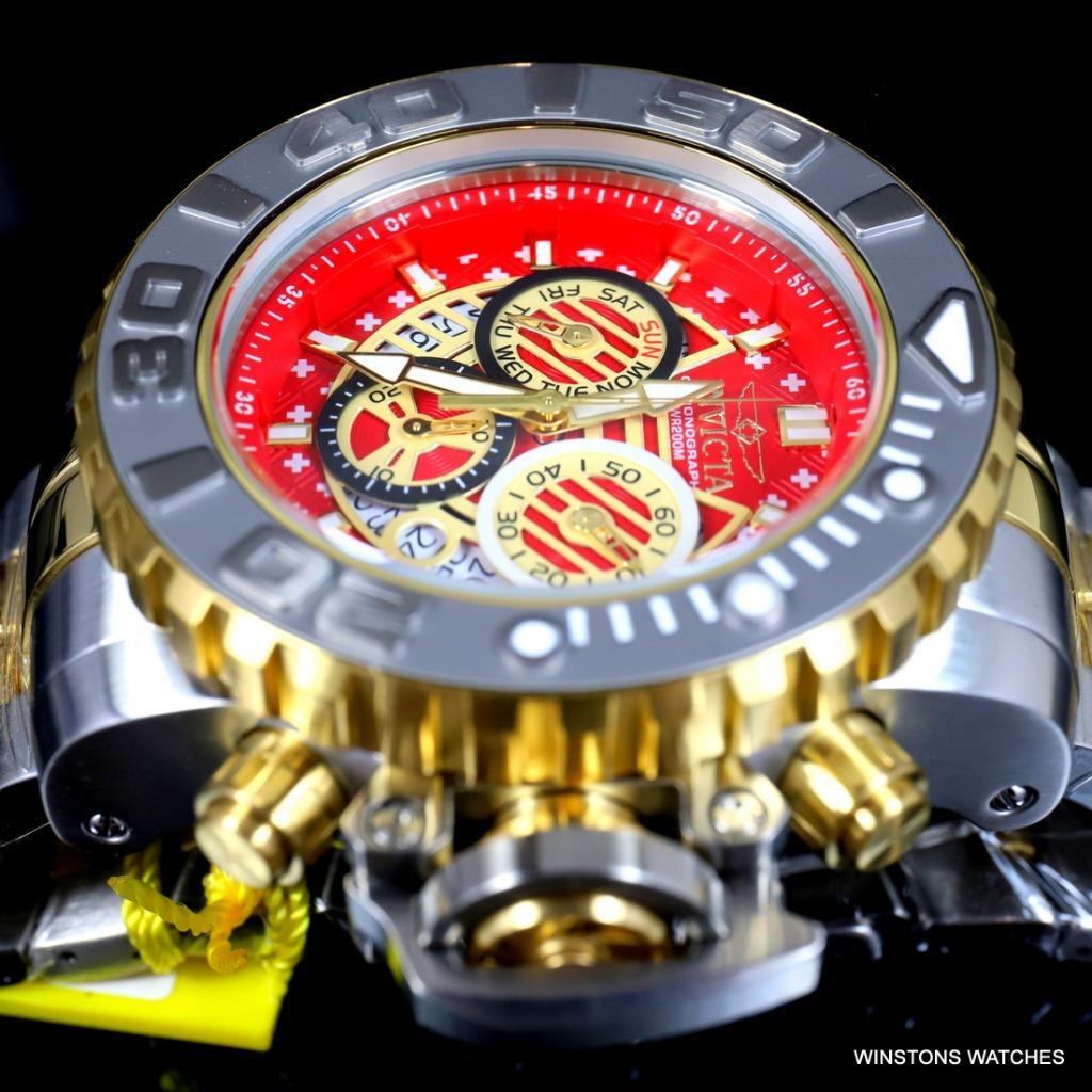 Invicta Sea Hunter II 70mm Two Tone Gold Plated Steel Red Swiss Mvt Watch New