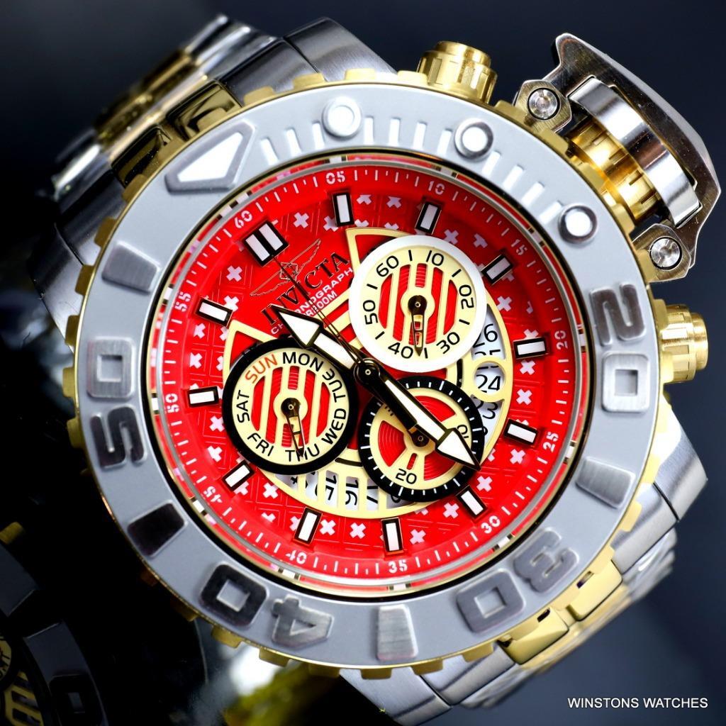 Invicta Sea Hunter II 70mm Two Tone Gold Plated Steel Red Swiss Mvt Watch New