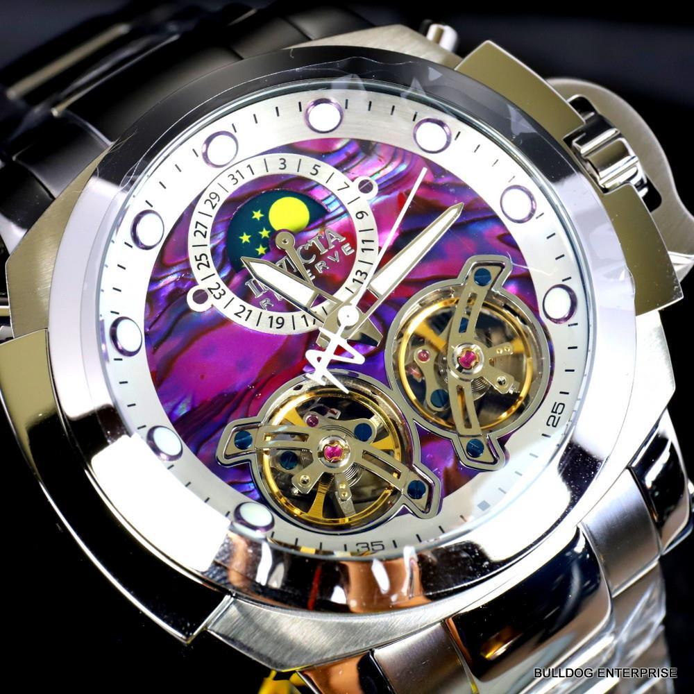 Invicta Man of War Double Open Heart Automatic Moon Purple Abalone Watch New