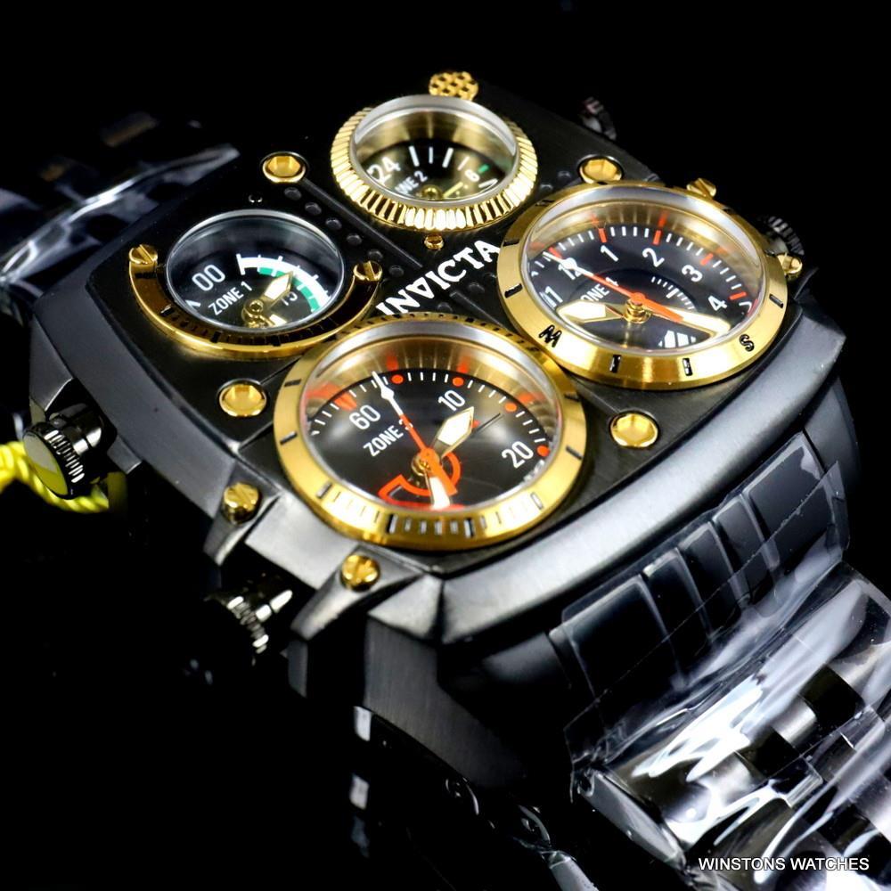 Invicta Aviator Zulu Black Stainless Steel Bracelet Quad Time 50mm Watch New