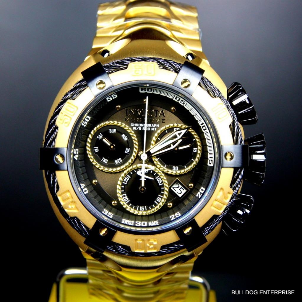 Invicta Reserve Thunderbolt 56mm 18kt Gold Plated Black Chronograph Watch New