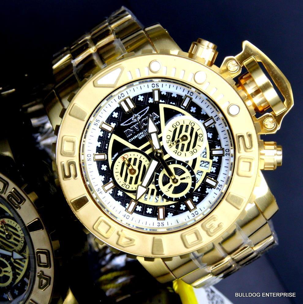 Invicta Sea Hunter III Black 70mm Swiss Mvt Chrono 18kt Gold Plated Watch New