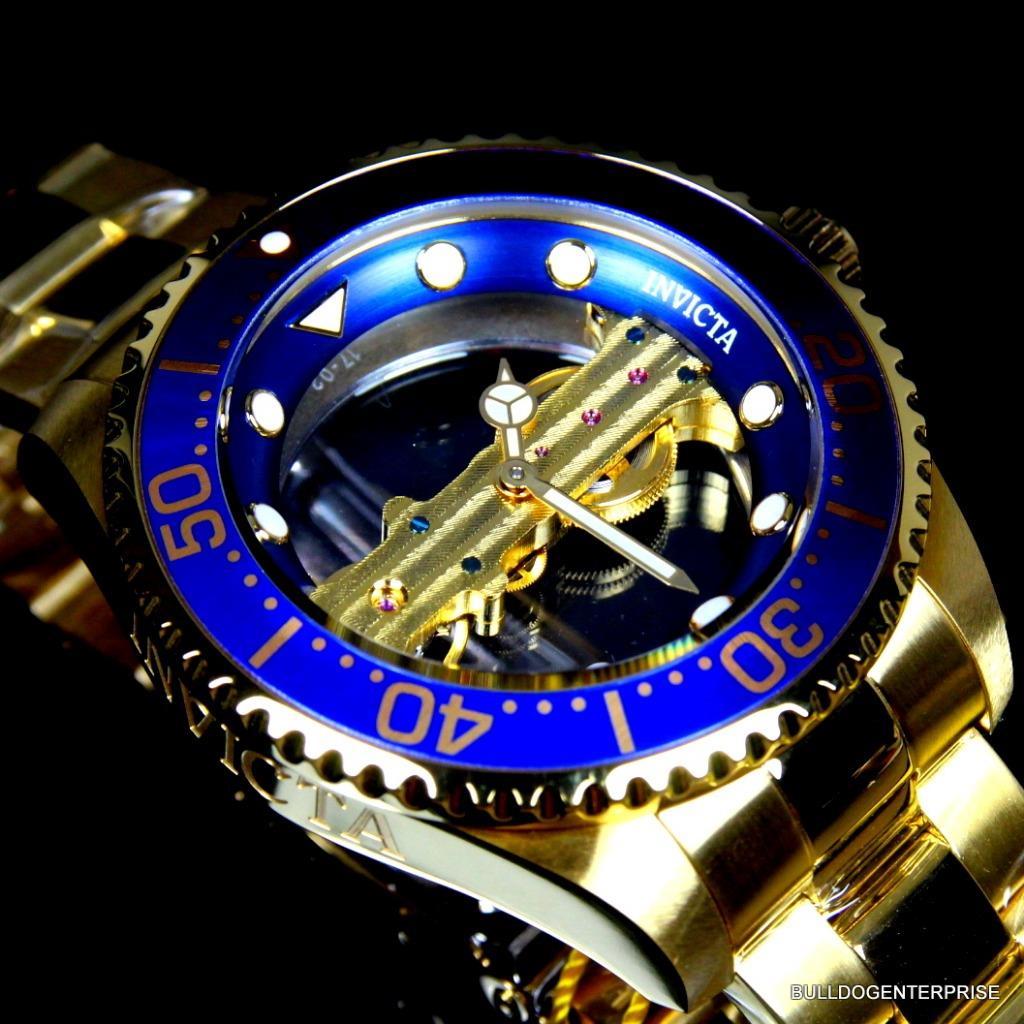 Invicta Pro Diver Ghost Bridge Mechanical Gold Plated Skeleton Blue Watch New