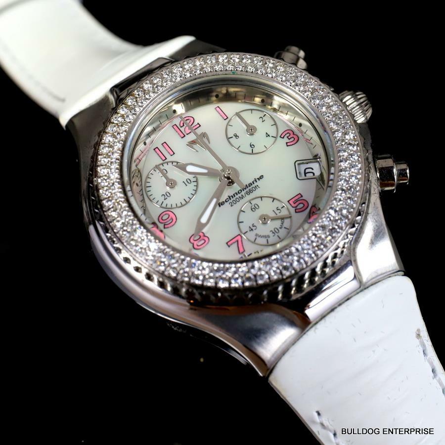 Ladys Technomarine 128 Diamonds Swiss Made Chrono White MOP Leather Watch New