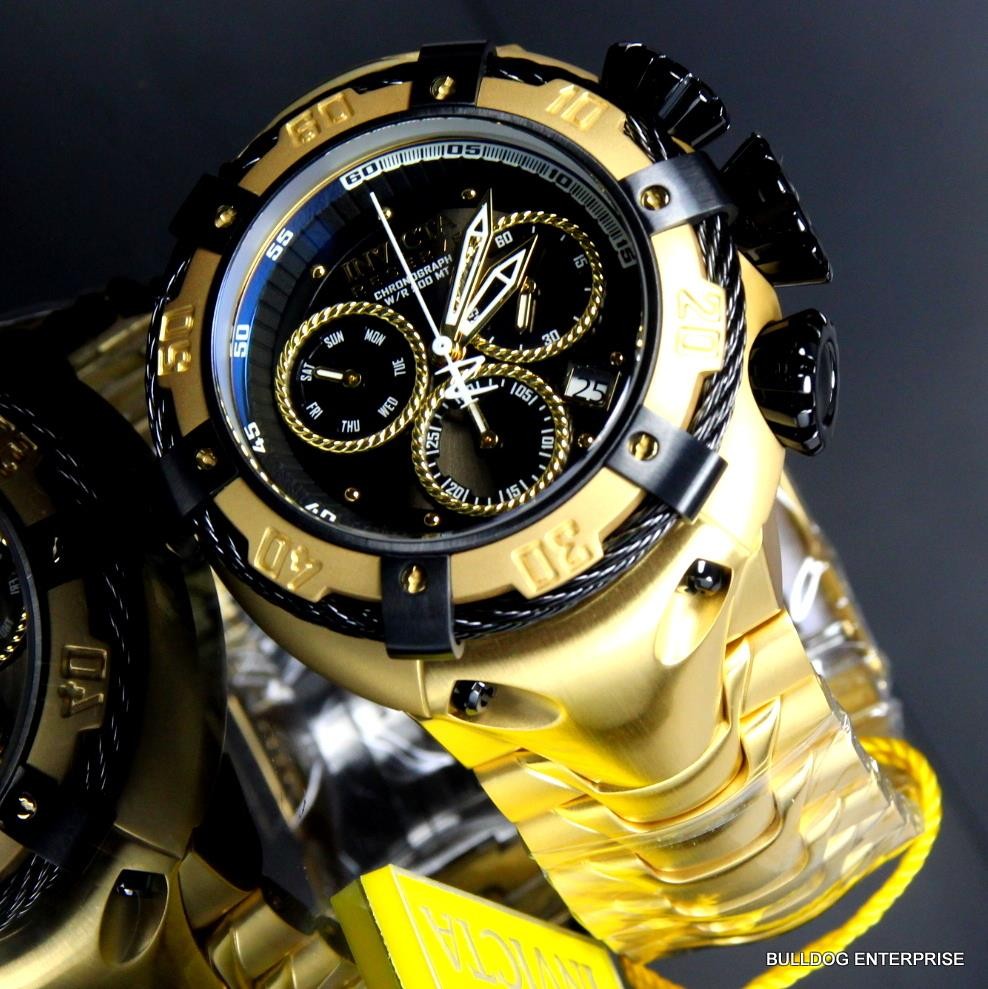 Invicta Reserve Thunderbolt 56mm 18kt Gold Plated Black Chronograph Watch New
