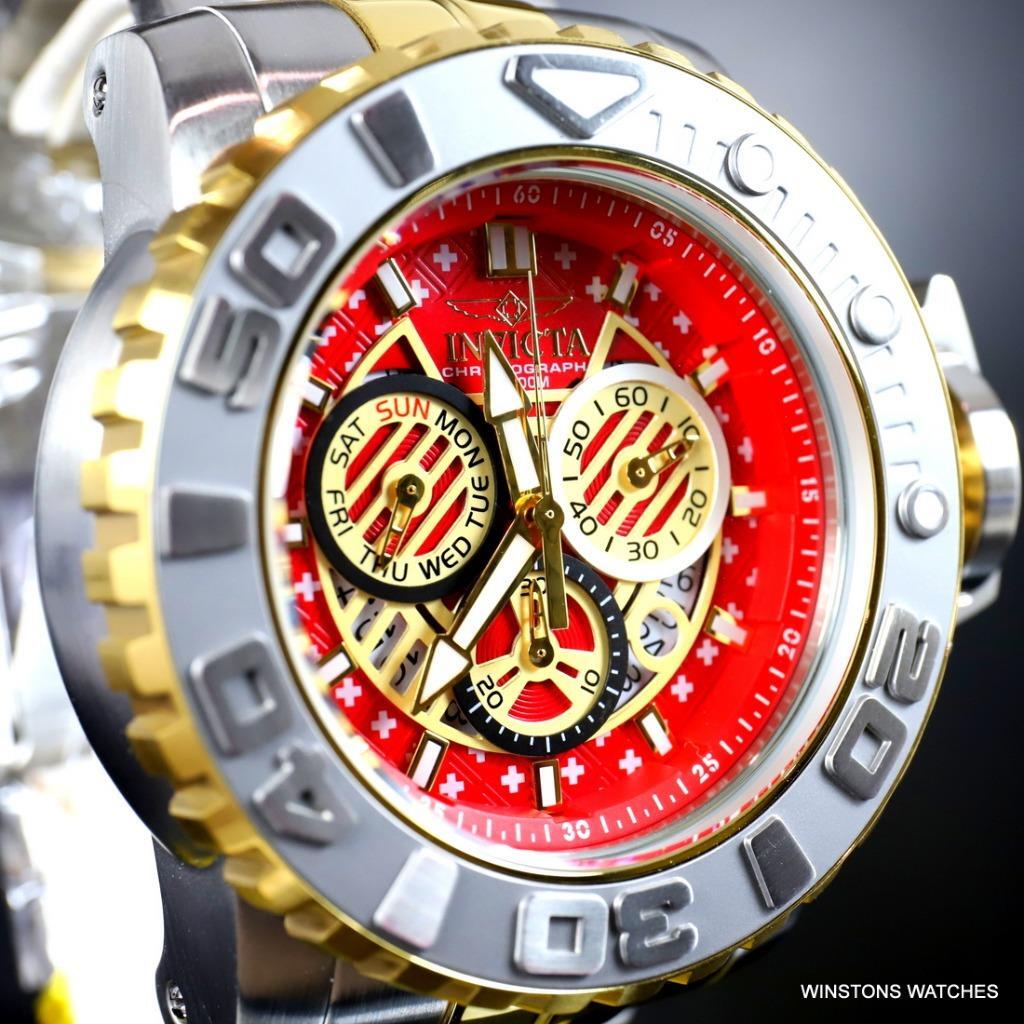 Invicta Sea Hunter II 70mm Two Tone Gold Plated Steel Red Swiss Mvt Watch New