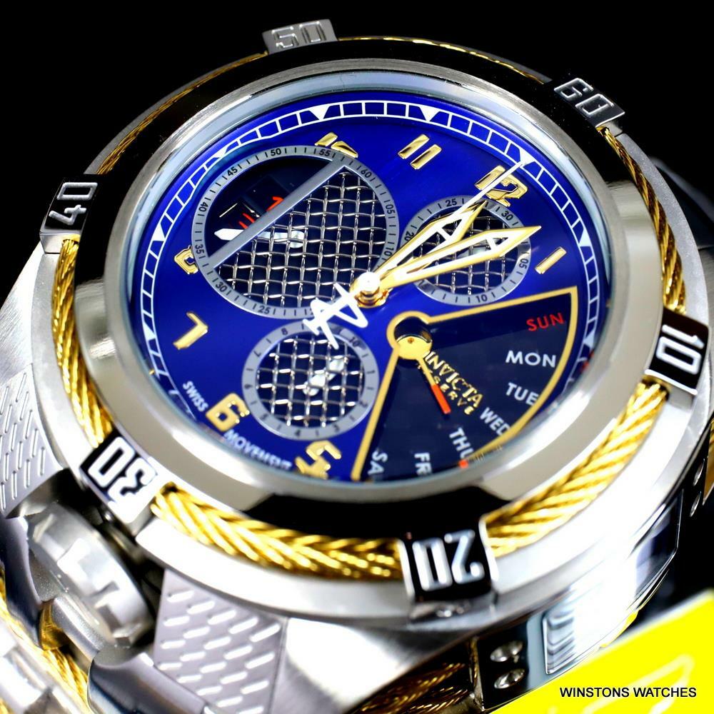 Invicta Bolt Zeus Tria Twisted Metal Steel 3 Swiss Dials Blue 52mm Watch New