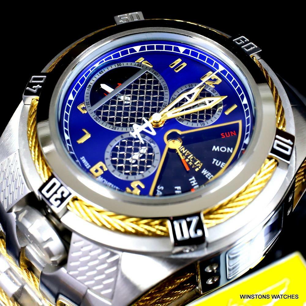 Invicta Bolt Zeus Tria Twisted Metal Steel 3 Swiss Dials Blue 52mm Watch New