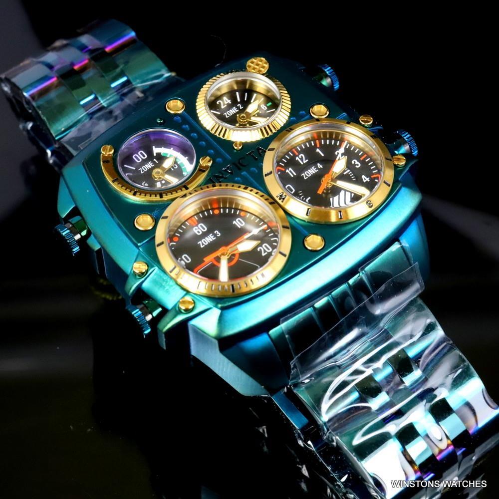 Invicta Aviator Zulu Green Stainless Steel Bracelet Quad Time 50mm Watch New