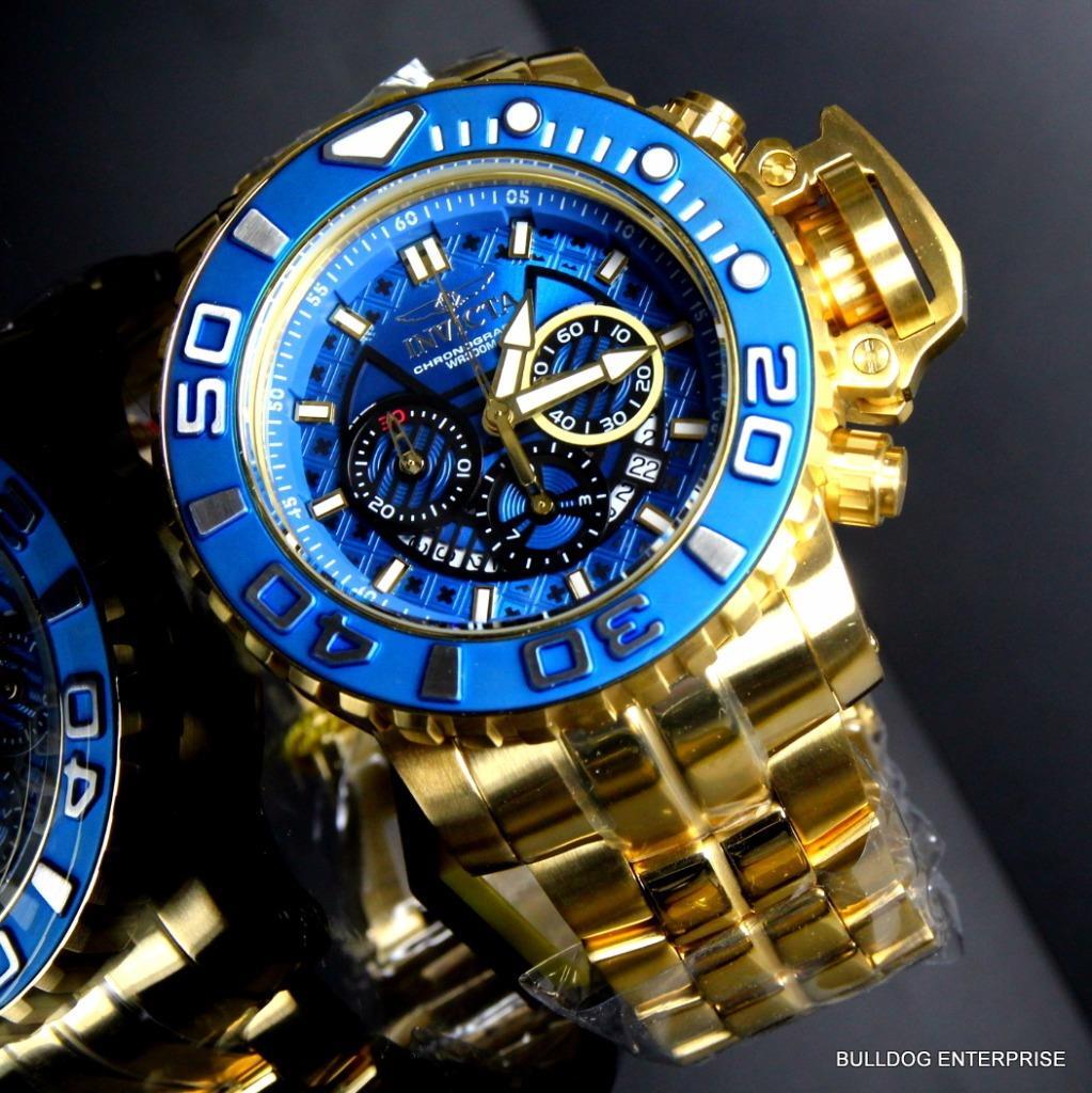 Invicta Sea Hunter III Blue 70mm Swiss Movement Chrono Gold Plated Watch New