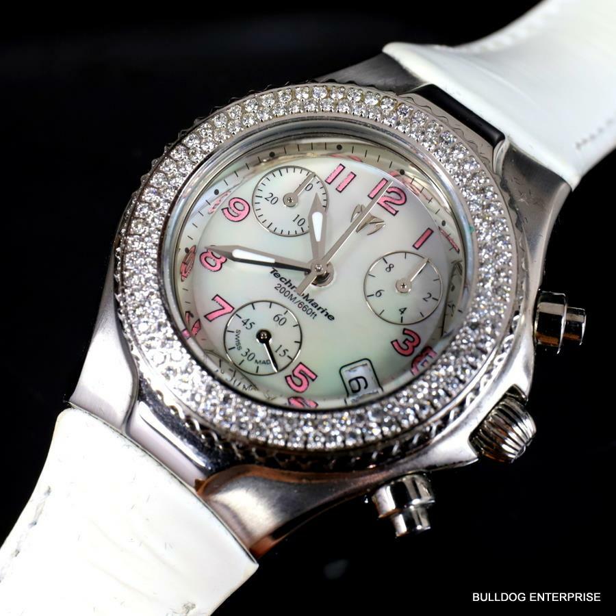 Ladys Technomarine 128 Diamonds Swiss Made Chrono White MOP Leather Watch New