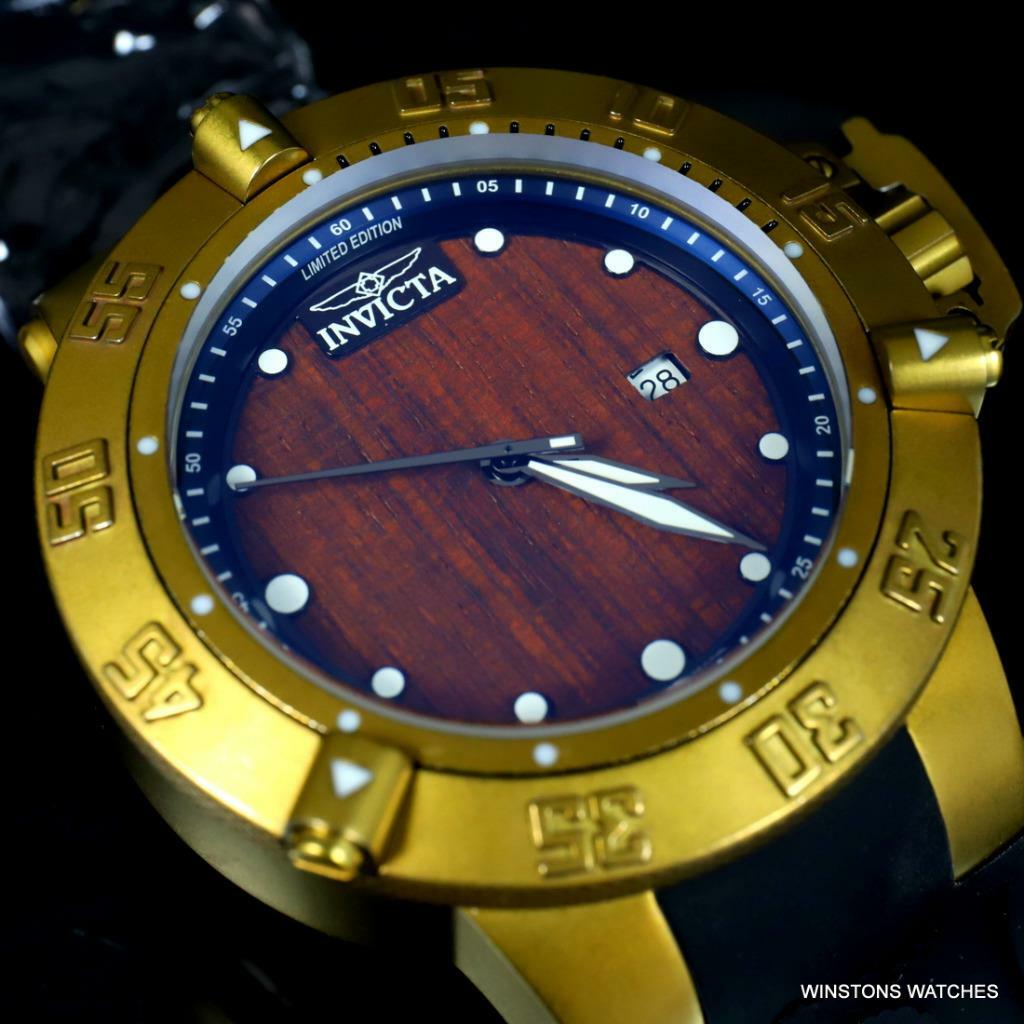 Invicta Subaqua Noma III Swiss Made Wood 50mm Distressed Gold Plated Watch New
