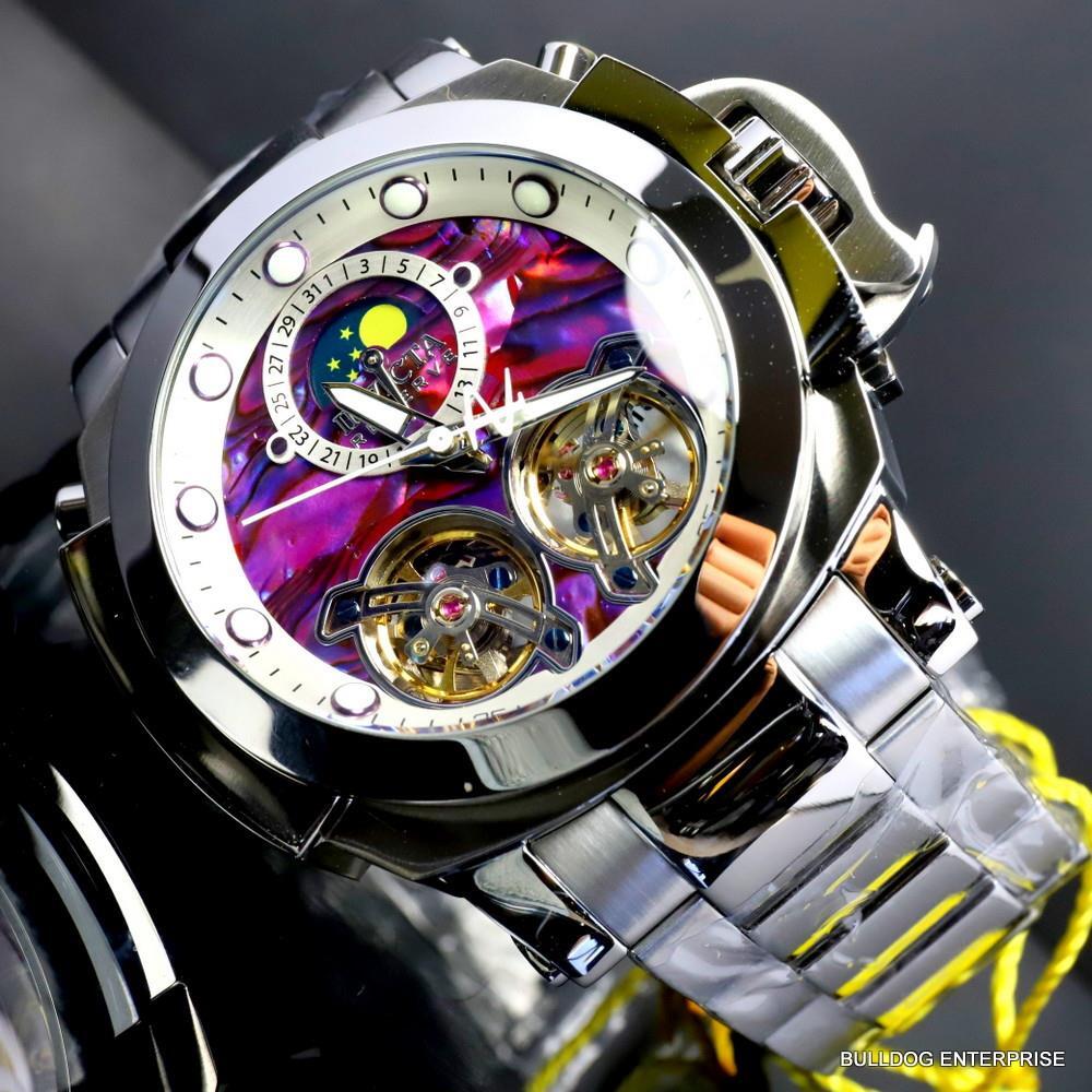 Invicta Man of War Double Open Heart Automatic Moon Purple Abalone Watch New