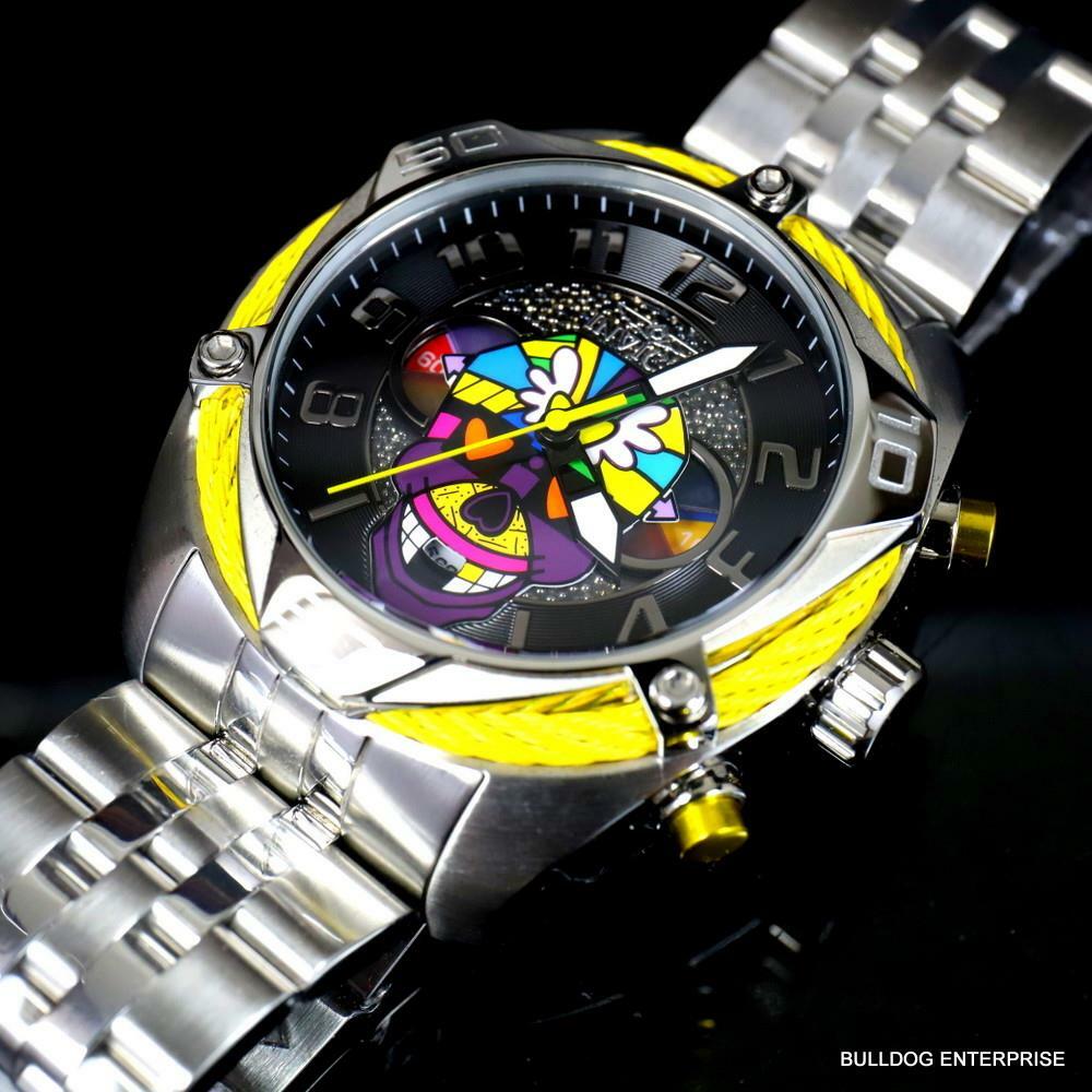 Invicta Britto Bolt Skull Silver Tone Stainless Steel Chronograph 47mm Watch New