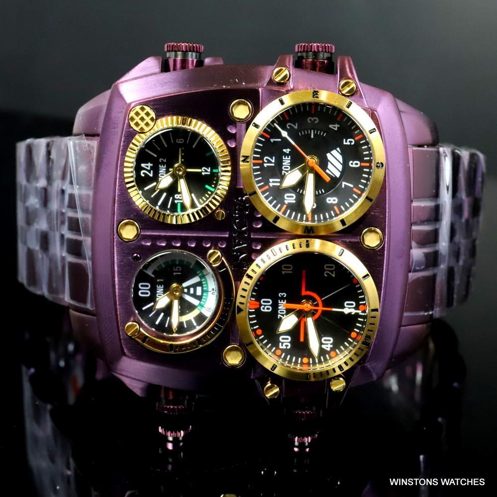 Invicta Aviator Zulu Purple Stainless Steel Bracelet Quad Time 50mm Watch New