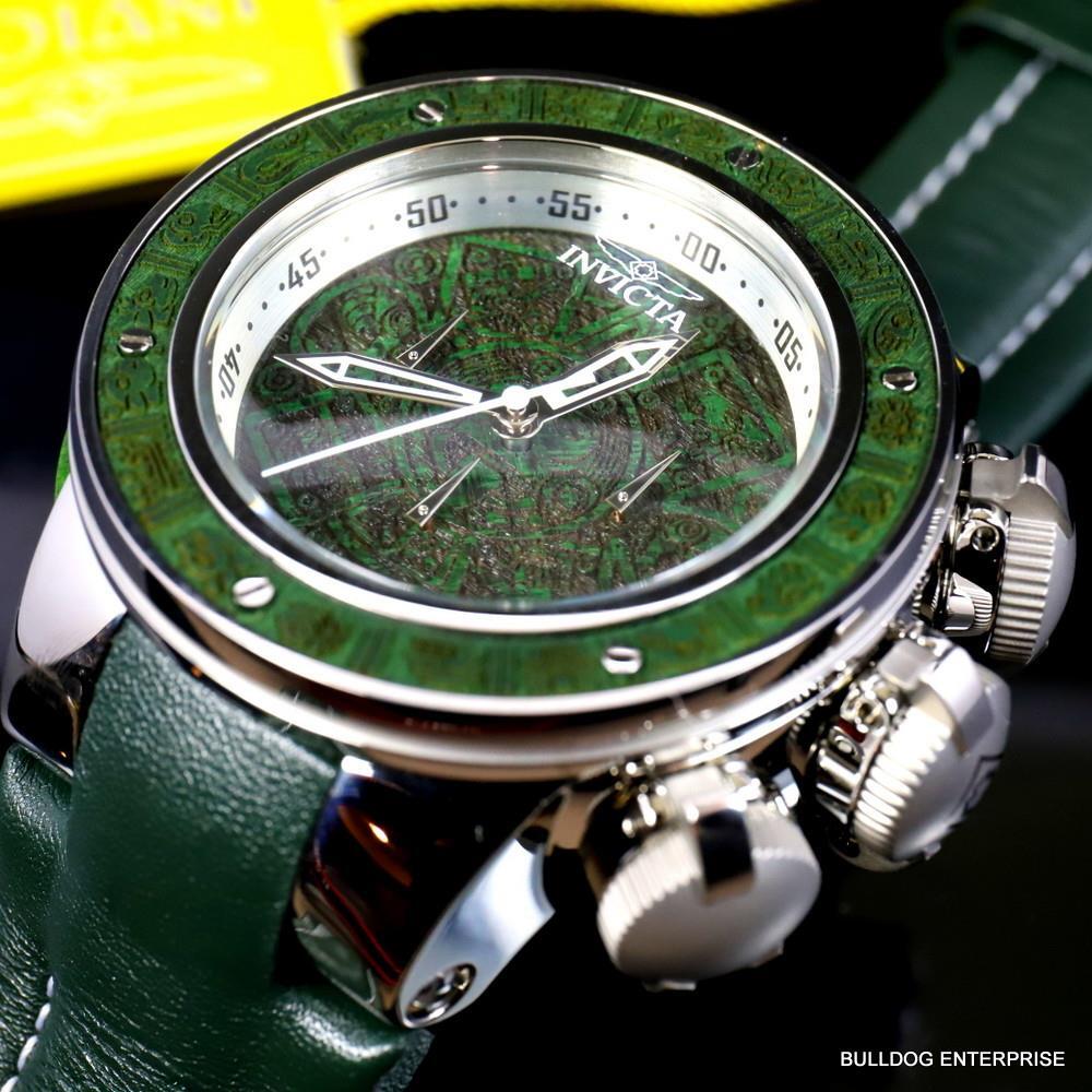 Invicta Subaqua Sea Dragon Wooden Aztec 52mm Green Leather Chronograph Watch New