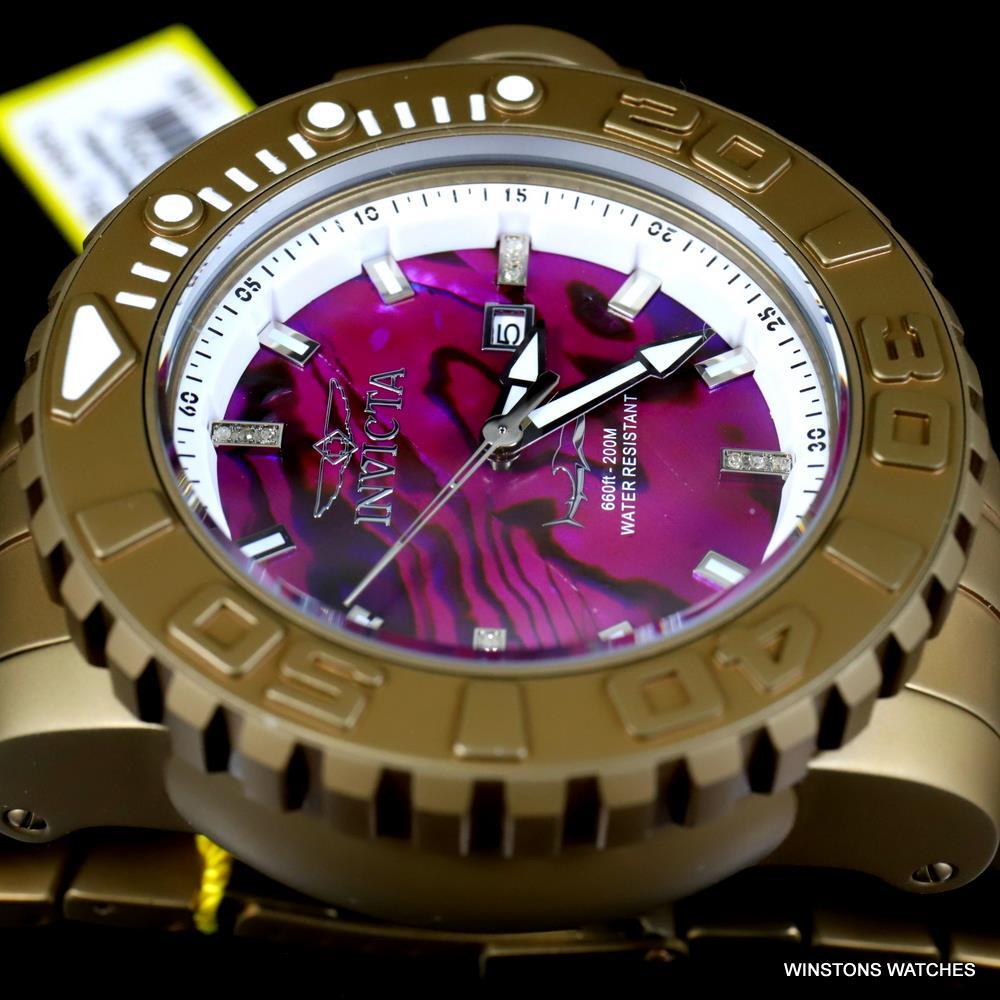 Invicta Sea Hunter Purple Abalone Khaki Steel Automatic Diamond 58mm Watch New