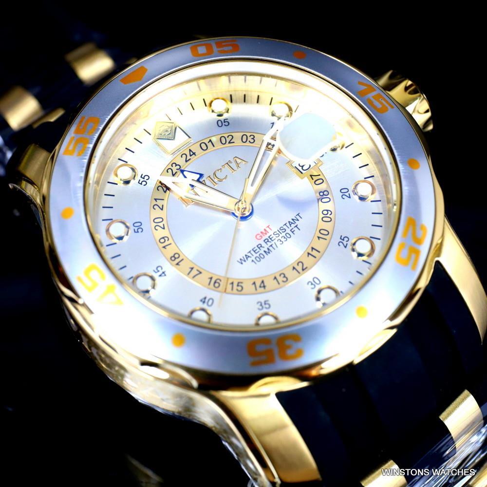 Invicta Pro Diver Scuba GMT Silver Tone Dial 18kt Gold Plated 49mm Watch New