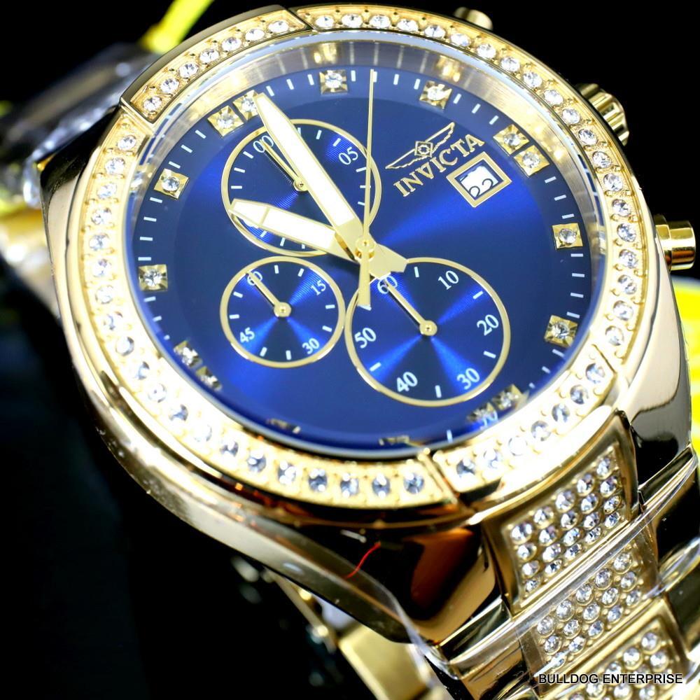 Invicta Specialty Crystal Accented Gold Plated Steel Blue 45mm Chrono Watch New