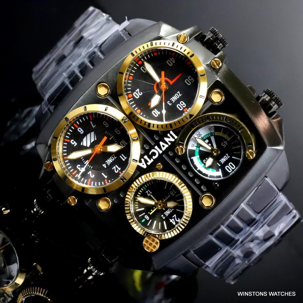 Invicta Aviator Zulu Black Stainless Steel Bracelet Quad Time 50mm Watch New