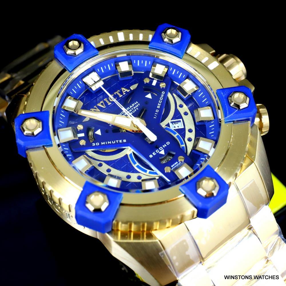 Invicta Coalition Grand Octane 63mm Gold Plated Steel Swiss Mvt Blue Watch New