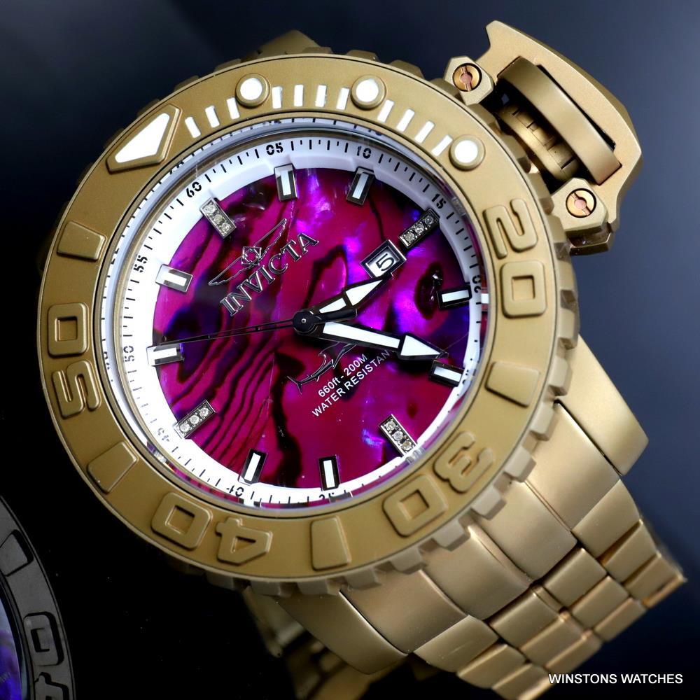 Invicta Sea Hunter Purple Abalone Khaki Steel Automatic Diamond 58mm Watch New