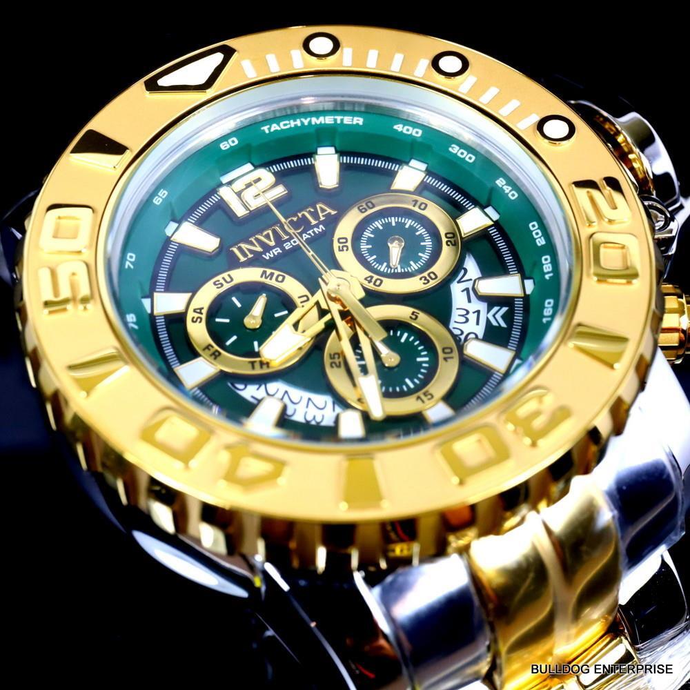 Men's Invicta Sea Hunter Gen II Green 2 Tone Gold Plated 70mm Swiss Watch New