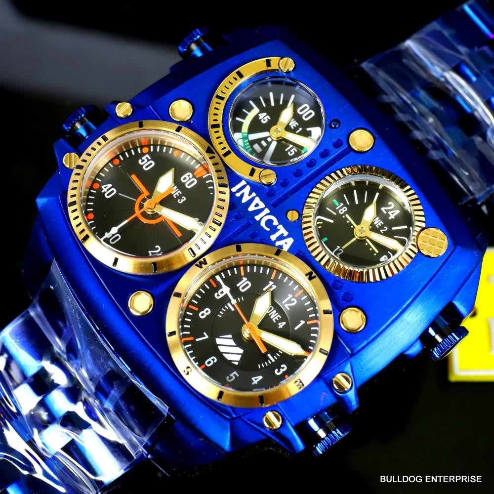 Invicta Aviator Zulu Blue Stainless Steel Bracelet Quad Time 50mm Watch New