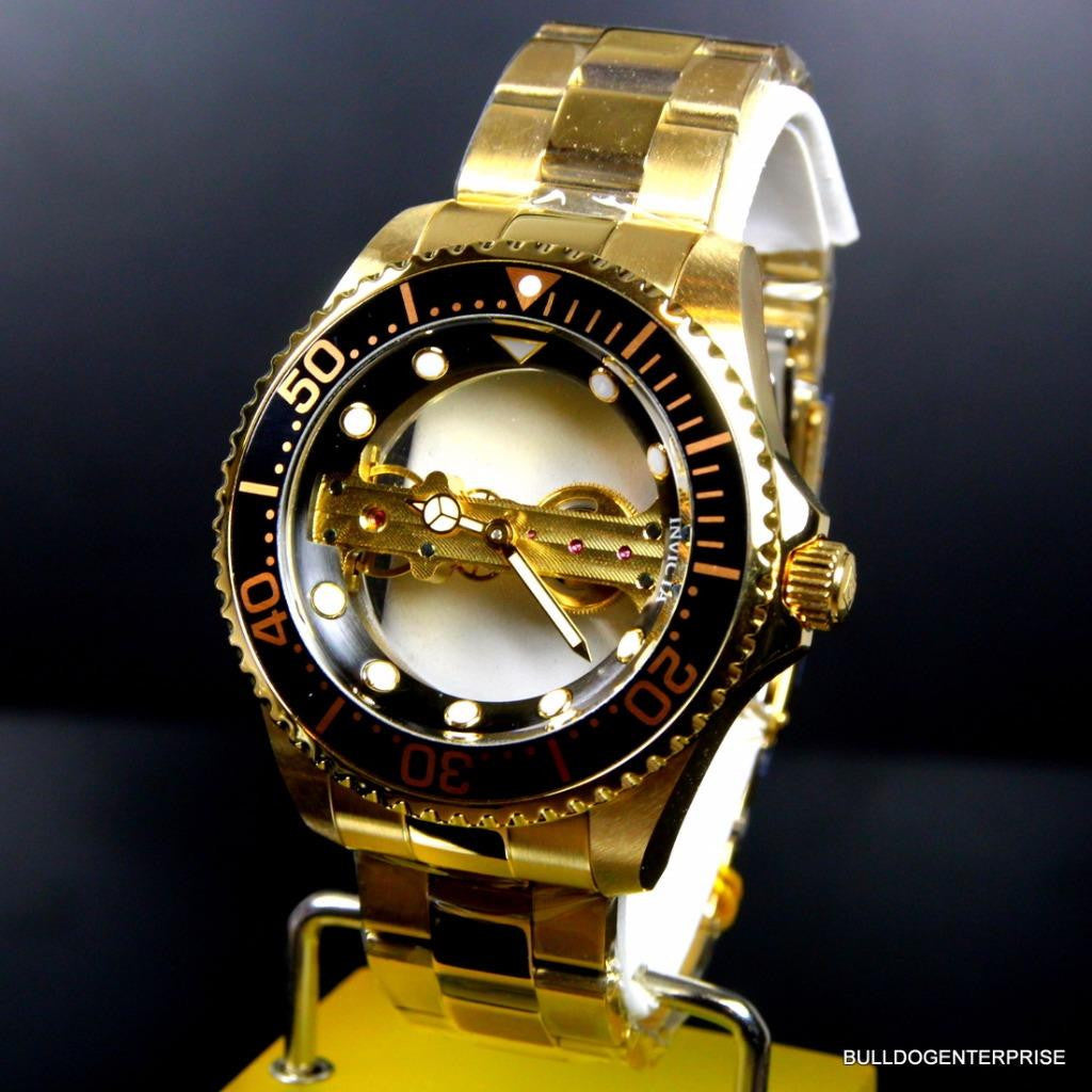 Invicta Pro Diver Ghost Bridge Mechanical Gold Plated Skeleton Black Watch New